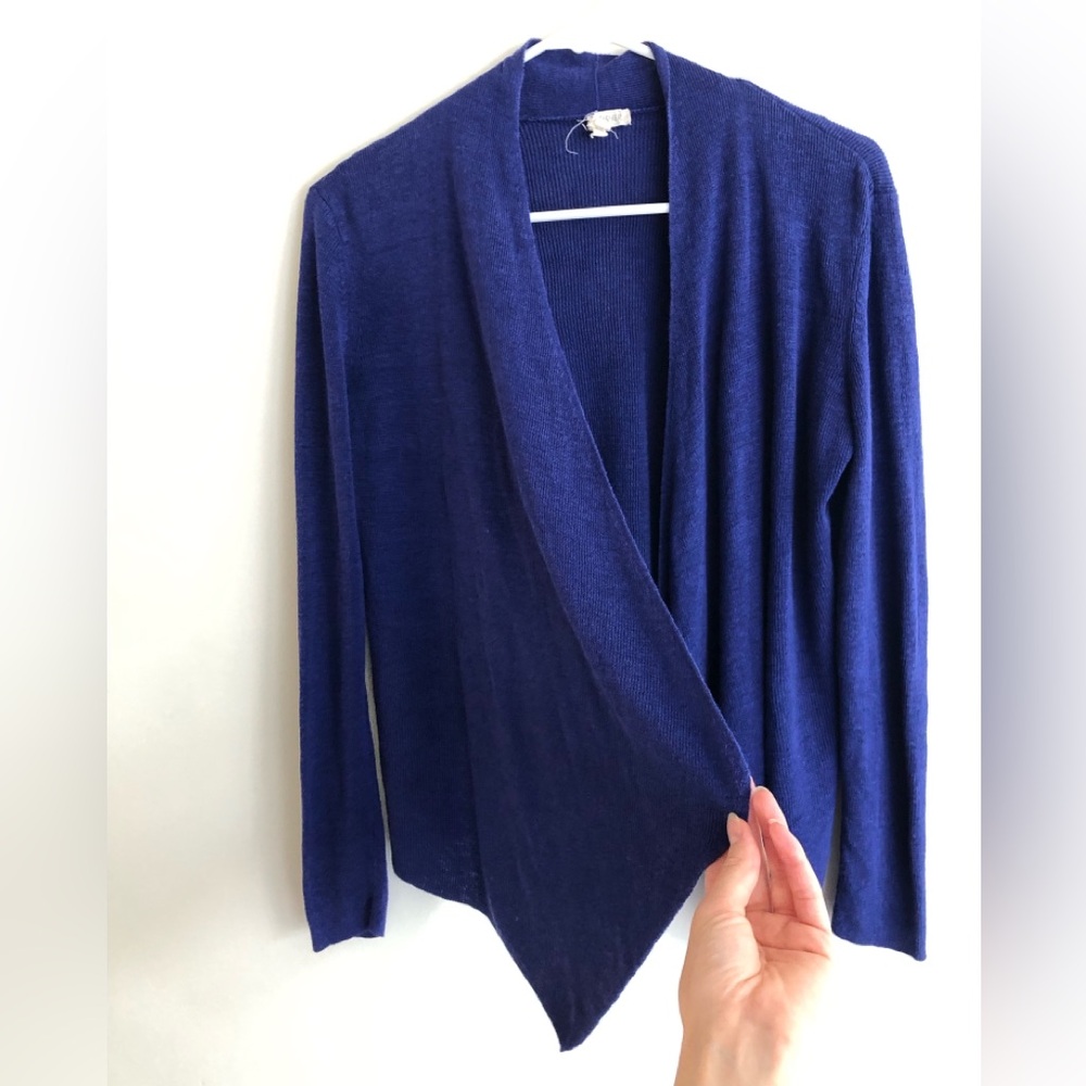 Eileen Fisher Cobalt organic linen knit open cardigan prairie cottage core vibe